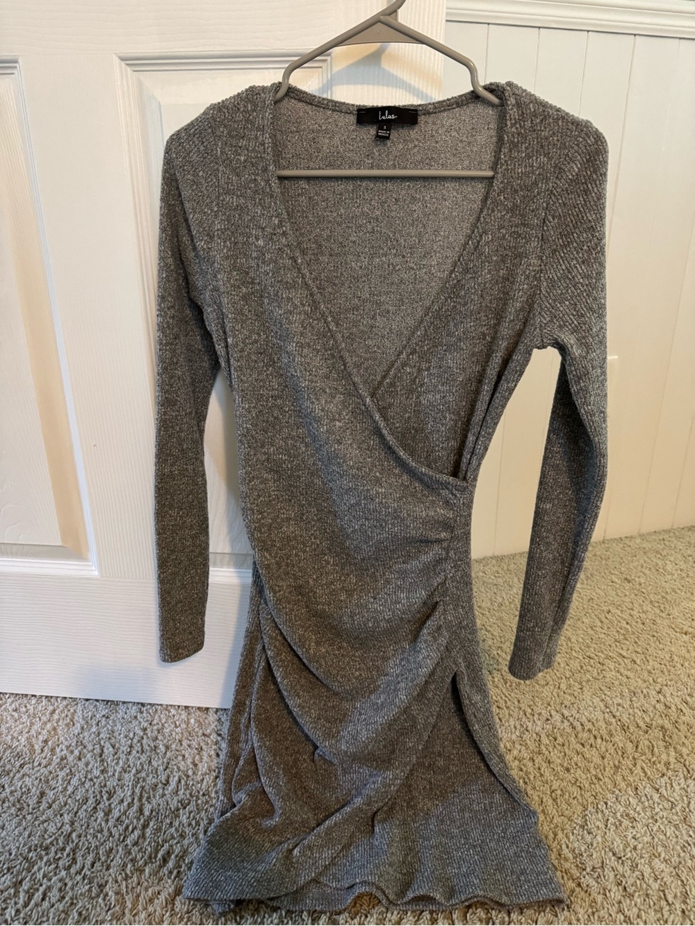 Lulu's Heather Gray Ribbed Wrap-Style Long Sleeve Dress